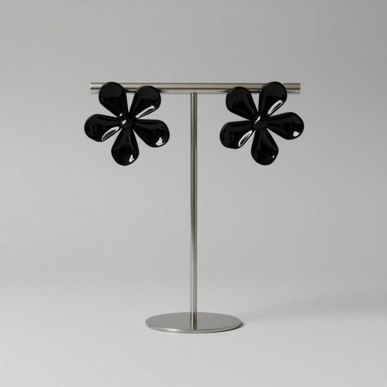 Big Acrylic Flower Earring - 7 cm - Black