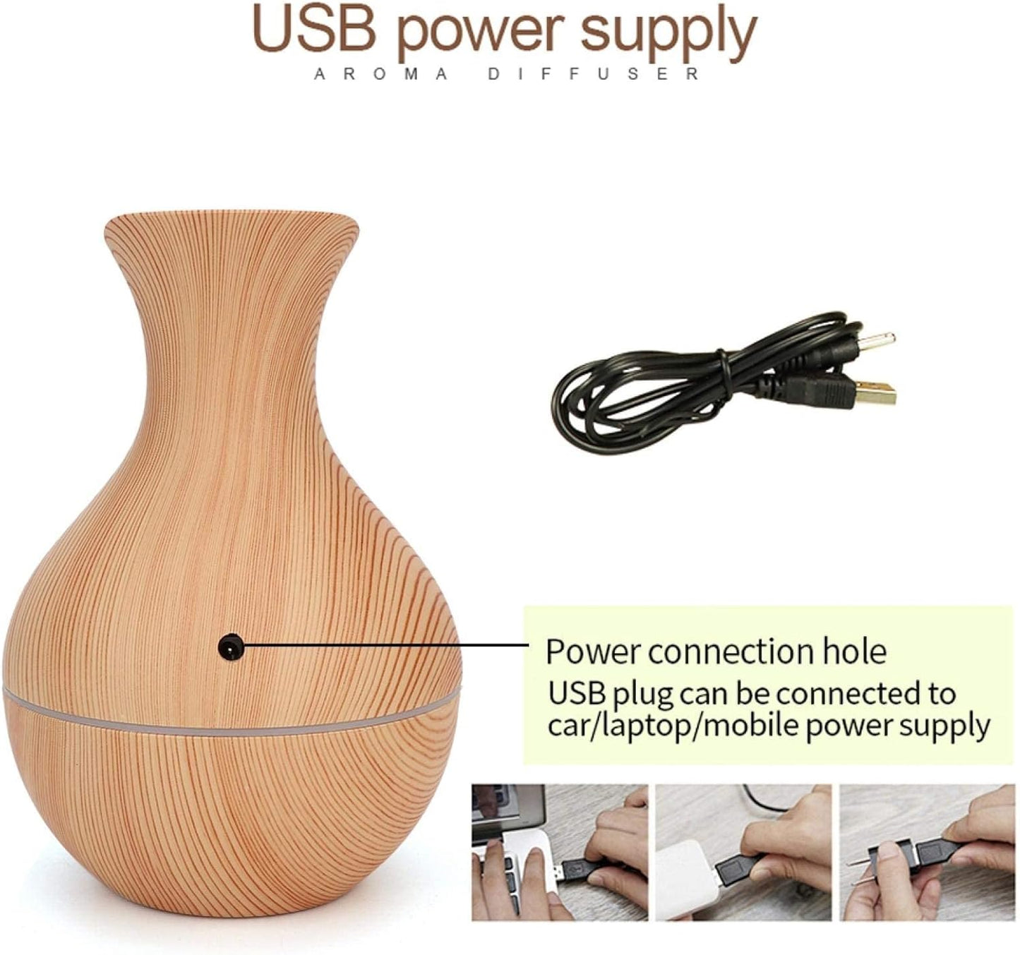 Humidifier Aroma Diffuser with Elegant Wood Design - 300ML - Very Quiet for Office Bedroom - USB Powered