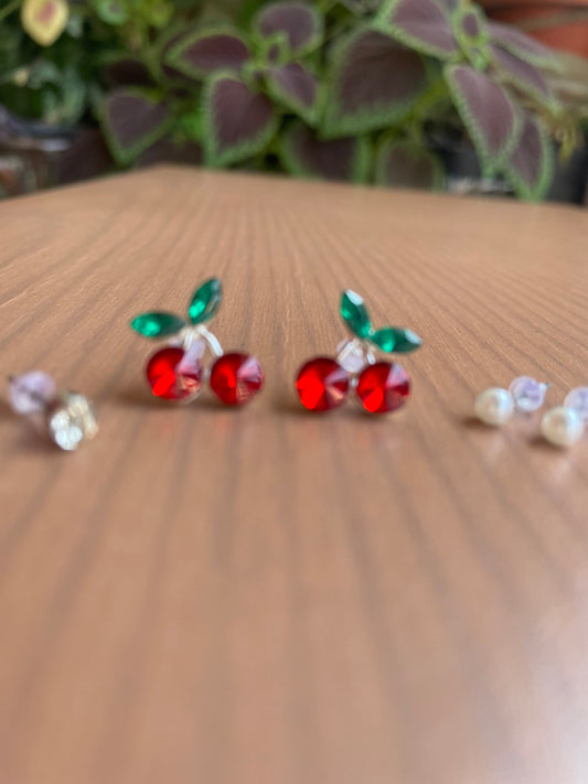 Crystal Rhinestone Cherry Stud Earrings