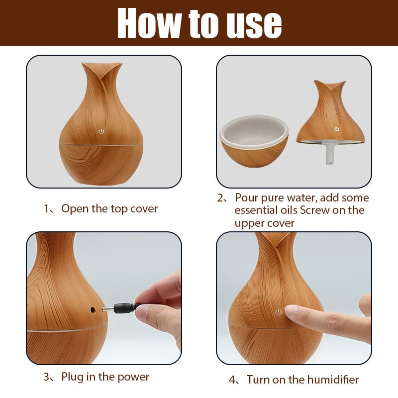 Humidifier Aroma Diffuser with Elegant Wood Design - 300ML - Very Quiet for Office Bedroom - USB Powered 