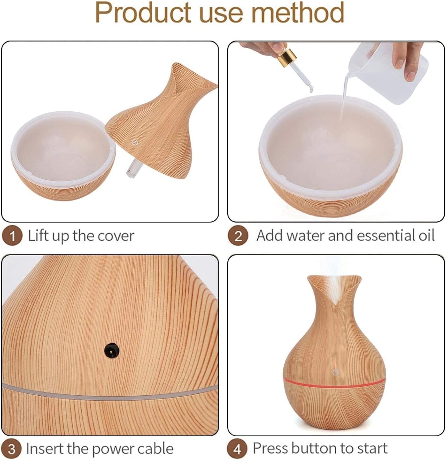 Humidifier Aroma Diffuser with Elegant Wood Design - 300ML - Very Quiet for Office Bedroom - USB Powered 